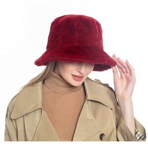 Luxurious Soft Faux Fur Bucket Hat Burgundy Red